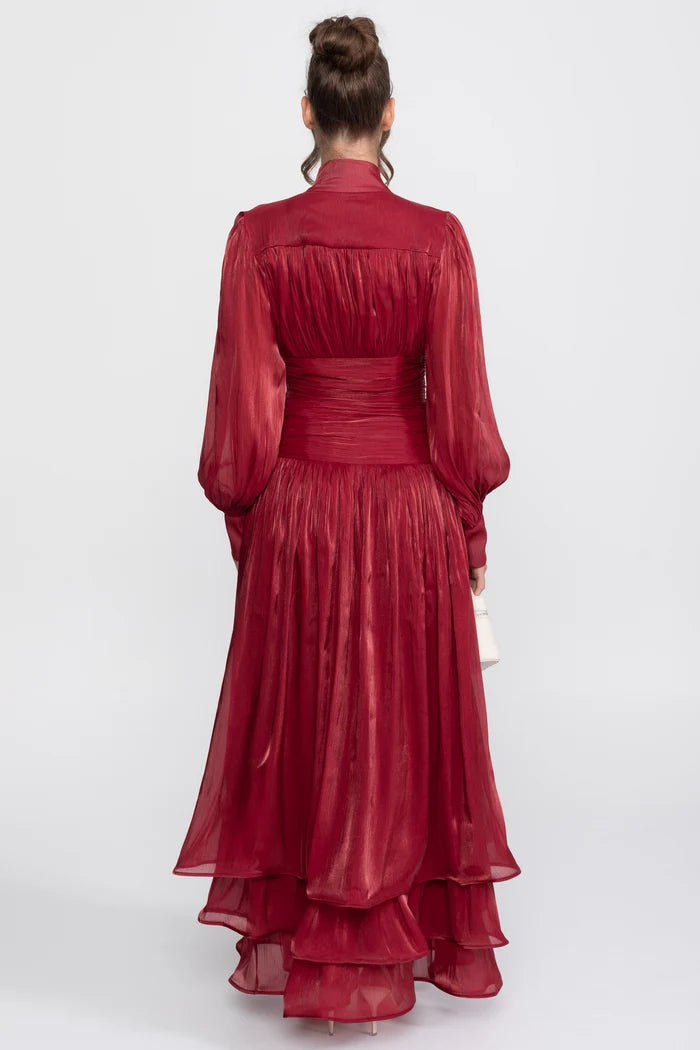 Balloon-Sleeve Tiered Maxi Dress With Jeweled Rose Buttons - Red