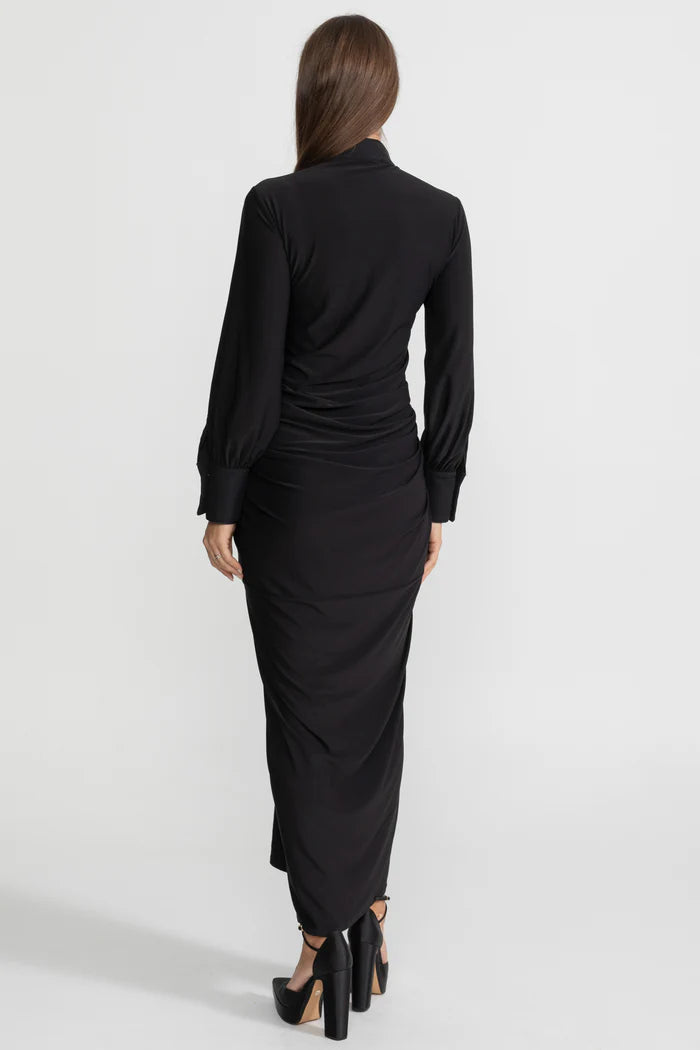 Draped Maxi Dress with Gold Statement Buttons - Black