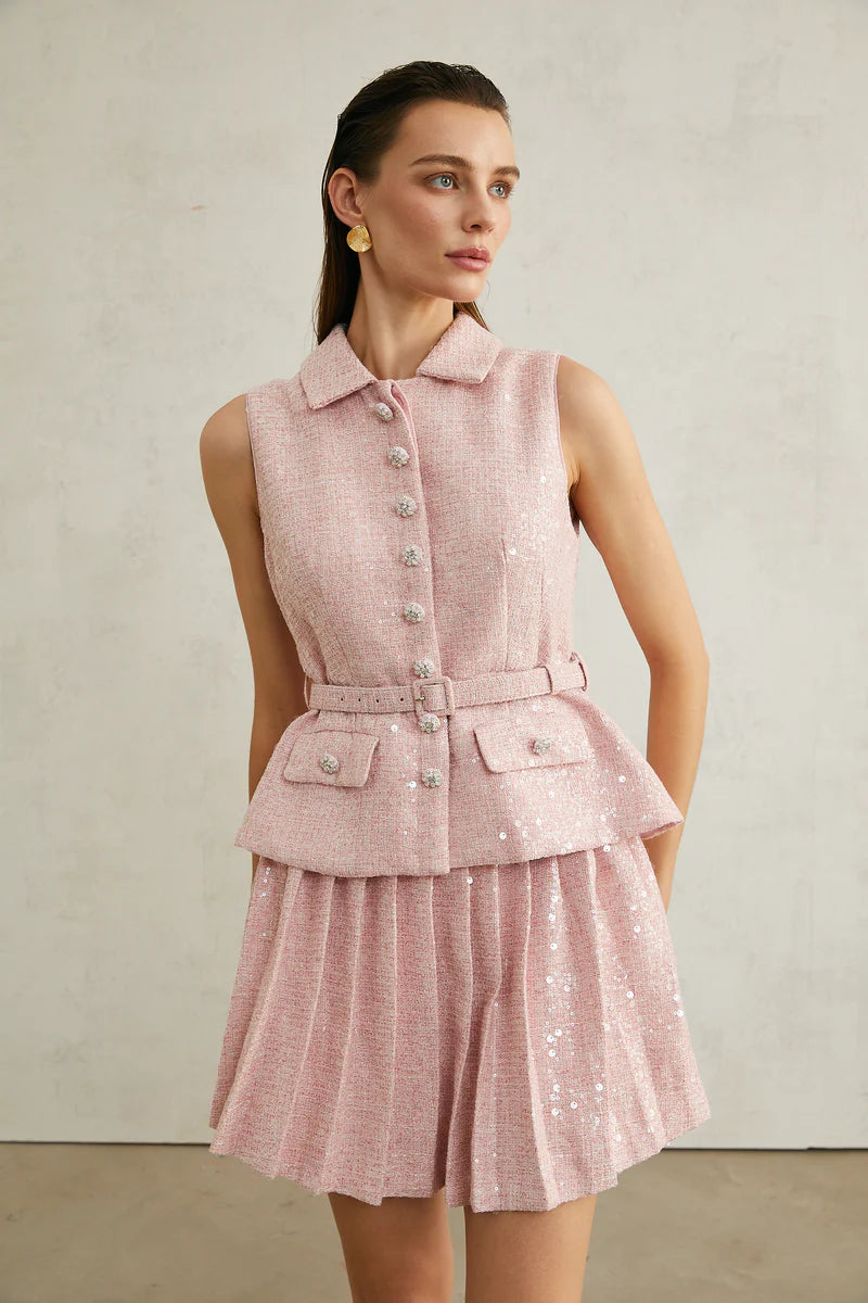 Élise Pink Pleed Embellied Mini Robe