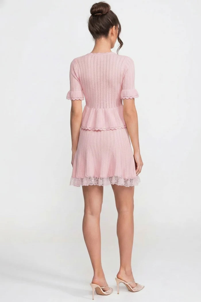 Peter-Pan Collar Knit Peplum Co-Ord set With Lace Hem - Pink