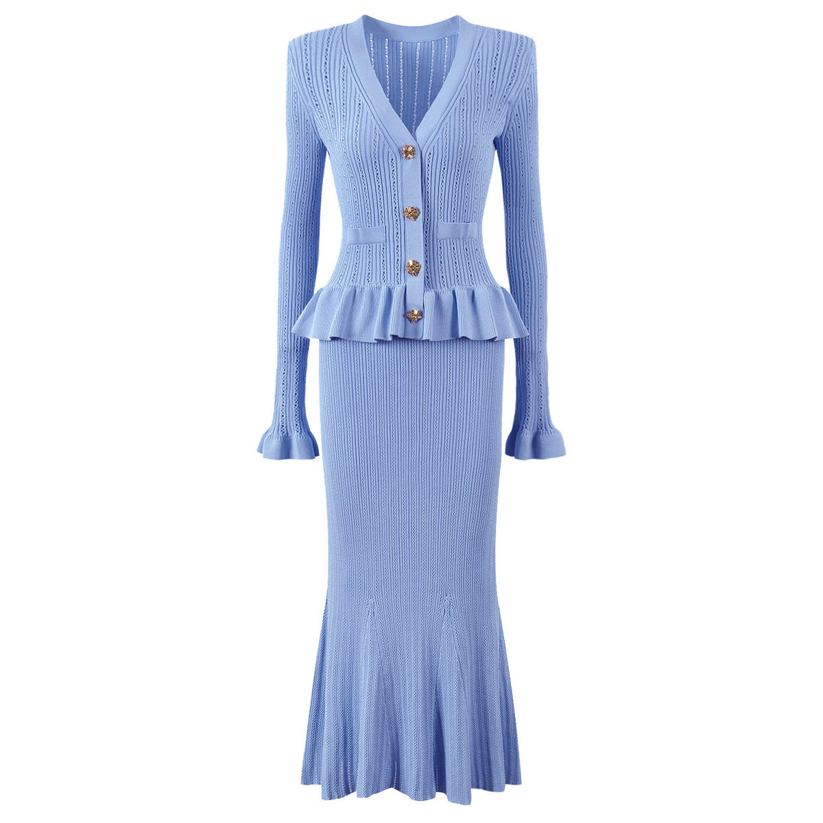 V-Ausschnitt Slim gestricktes langarmes Kleid