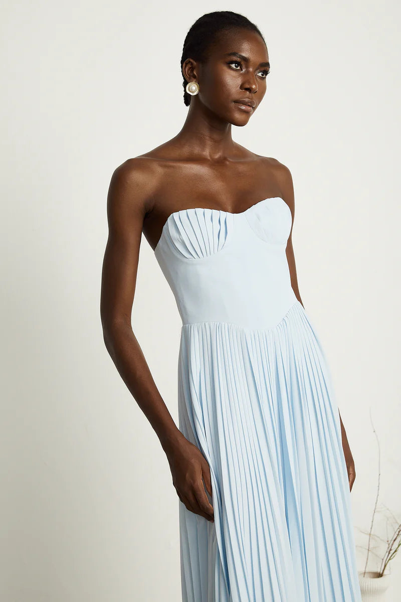 Carlotta blue pleated corset maxi dress