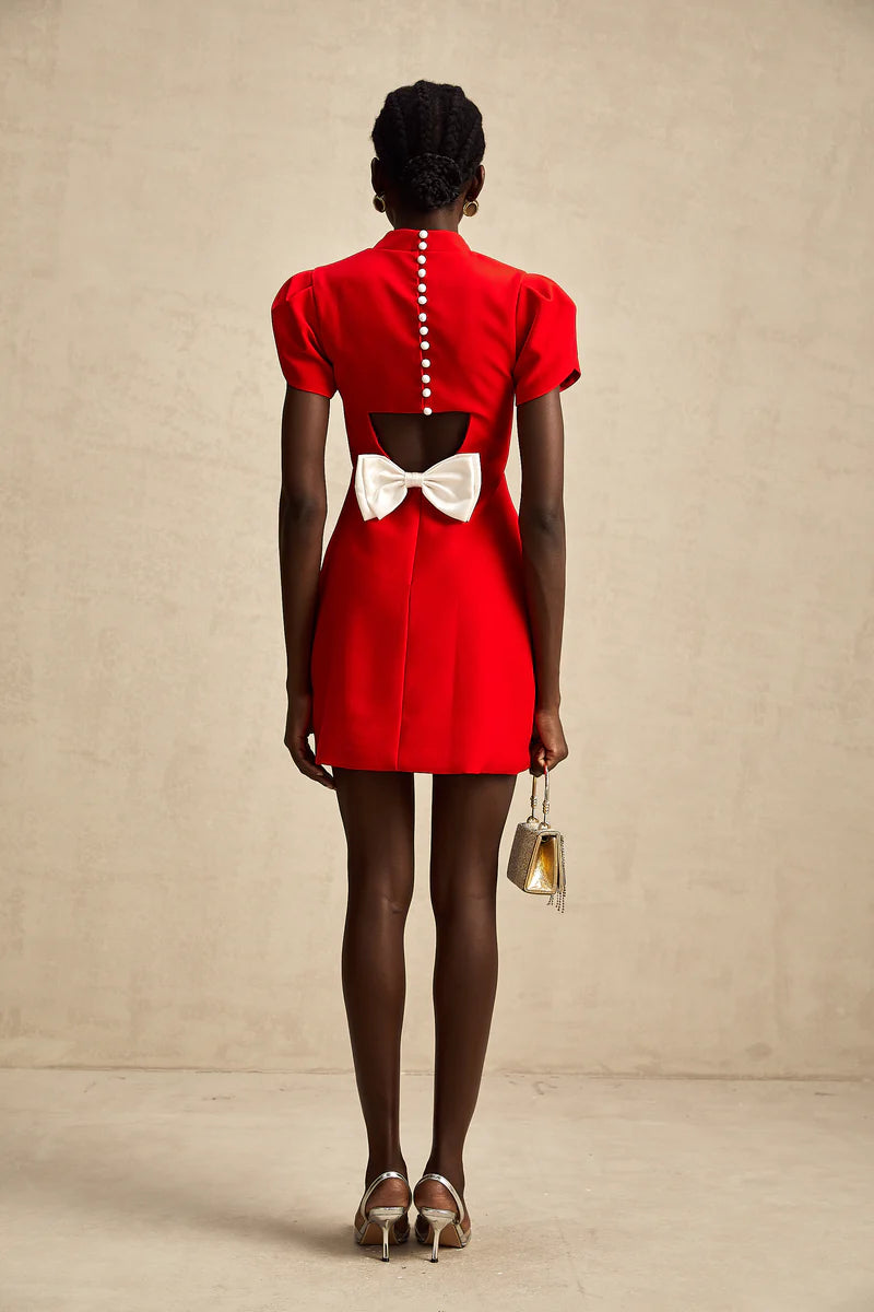 Anna Red Petal-Sheeve Cut-Out Bow Bow Robe