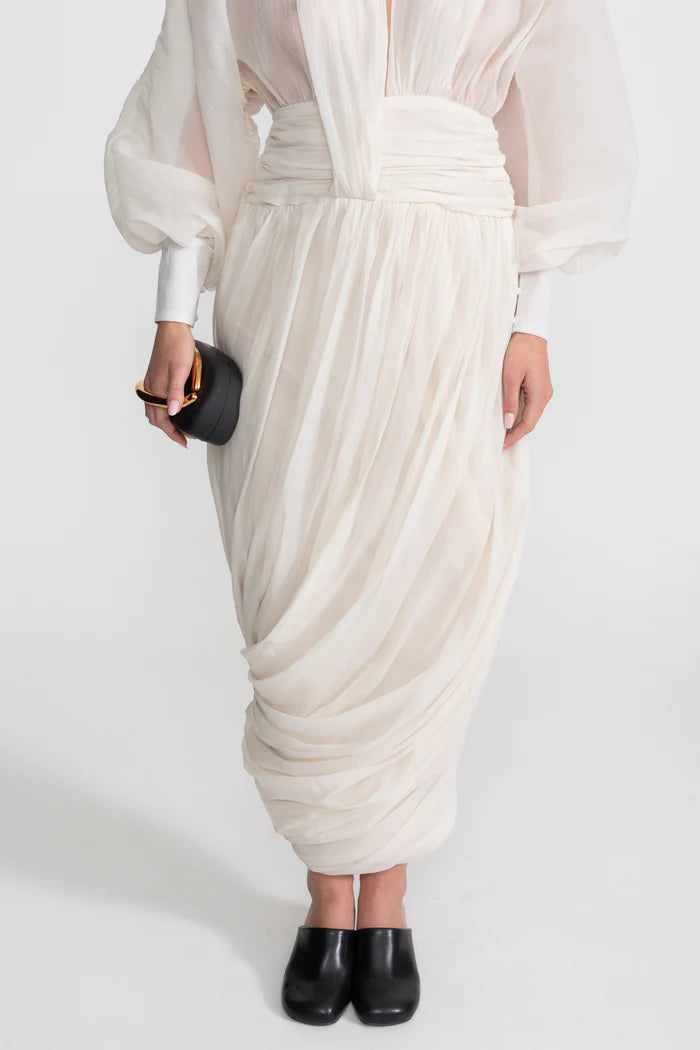 Draped Chiffon Maxi Dress With Long Bishop Sleeves – Ivoire