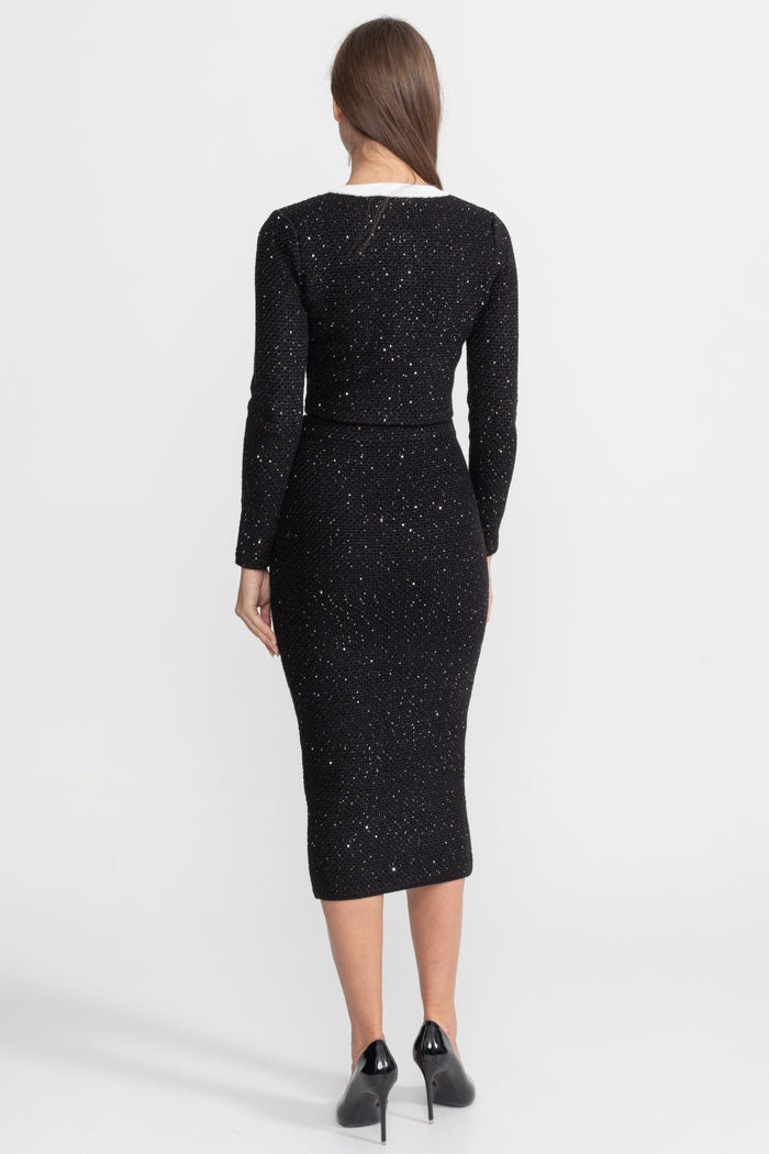 Embroidered Tweed Knit Co-Ord Set with Contrast Trim – Black