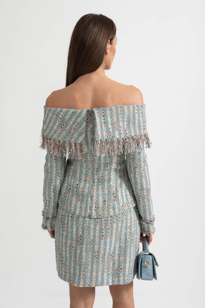 Plaid Tweed Set With Off-Shoulder Top And Coordinated Mini Skirt - Blue