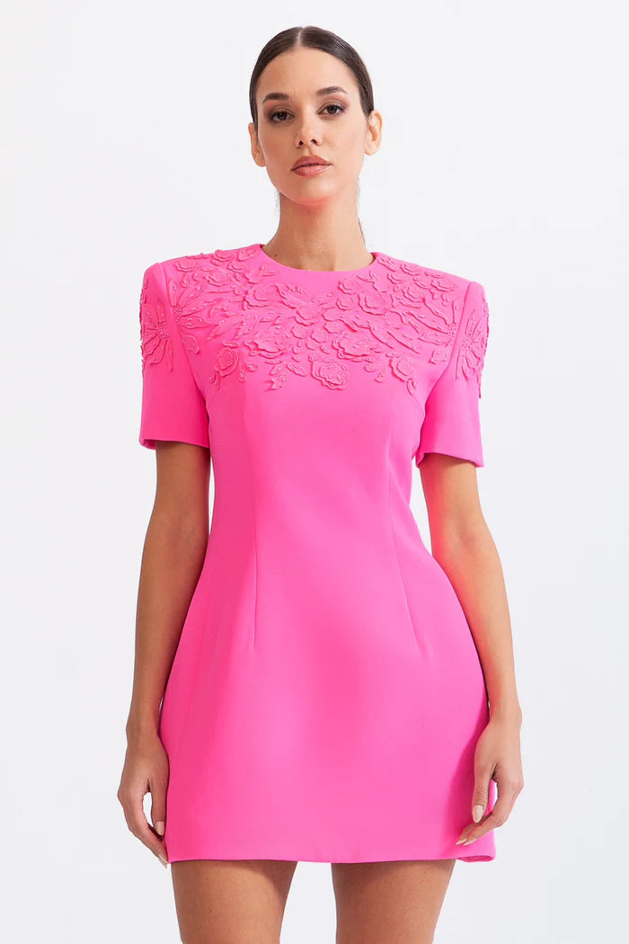 OUT OF STOCK - SHORT SLEEVE EMBROIDERED DRESS WITH 3D FLOWERS - FUCHSIA