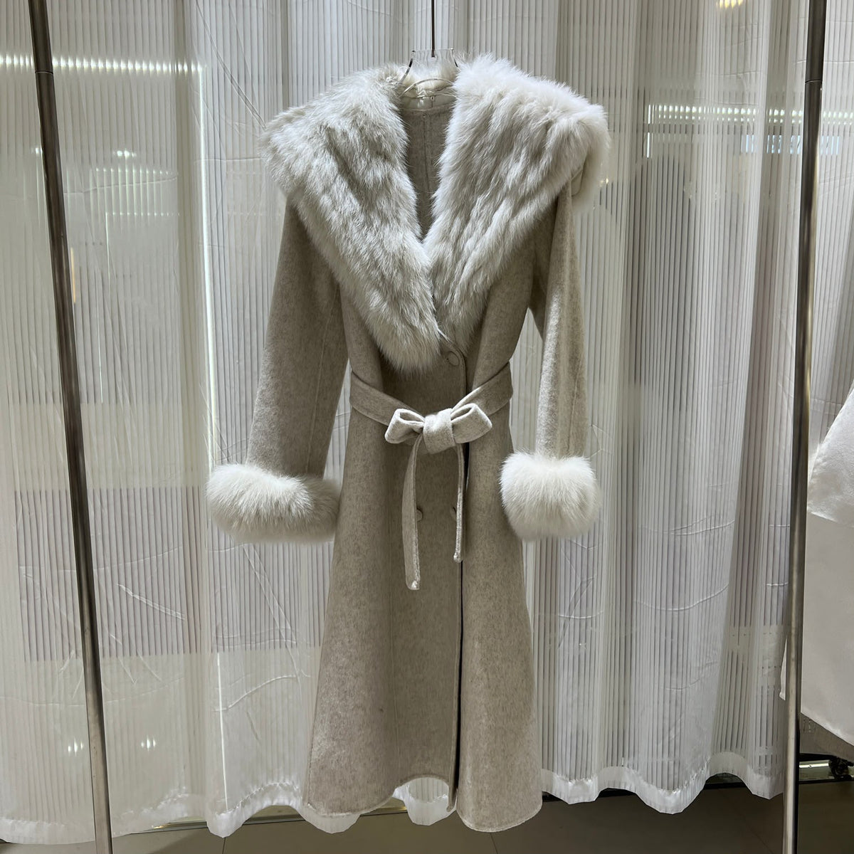Faux Fur Collar Belted Wool Coat