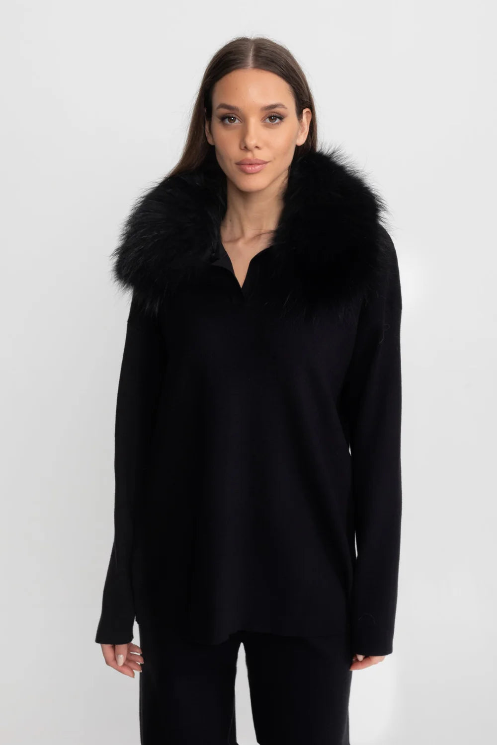 Knit Lounge Co-Ord Set with Fox Fur Collar – White