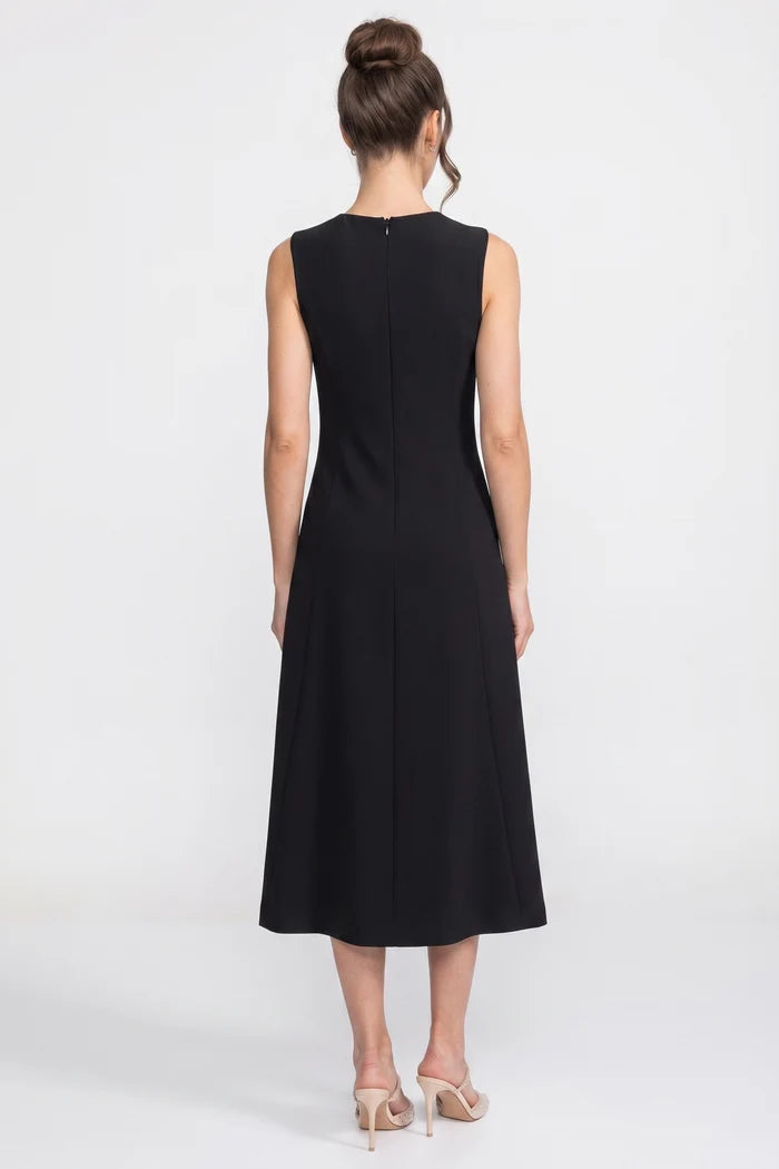 Sleeveless Midi Dress With 3D Floral Appliqué And Full Skirt - Black