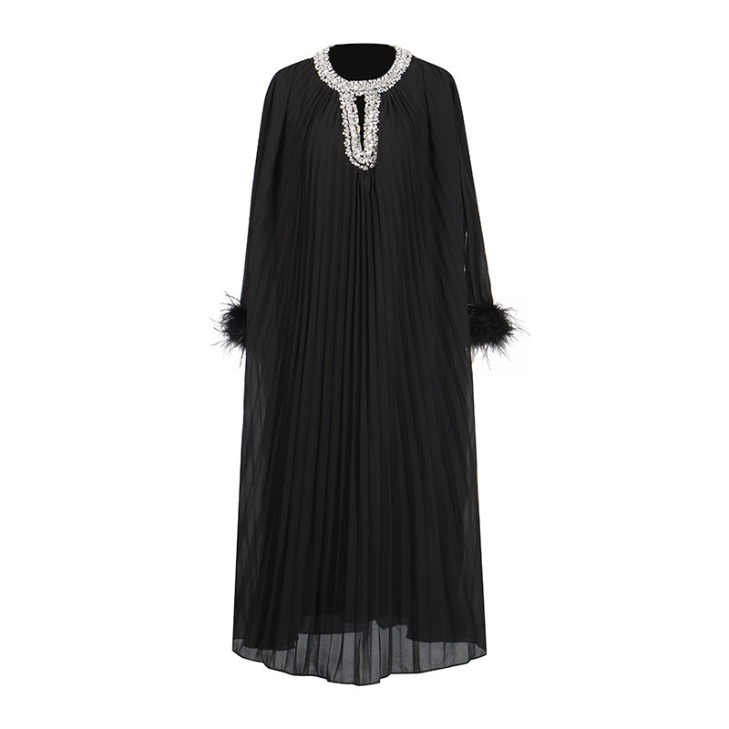 Ostrich Feather Patchwork Solid Color Dress