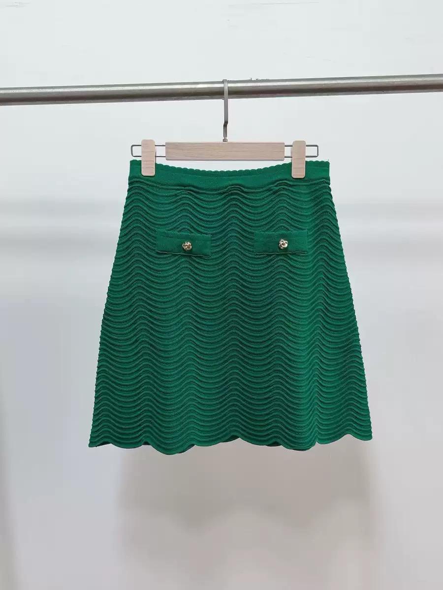 Lapel lace wavy texture knitted T-shirt skirt set