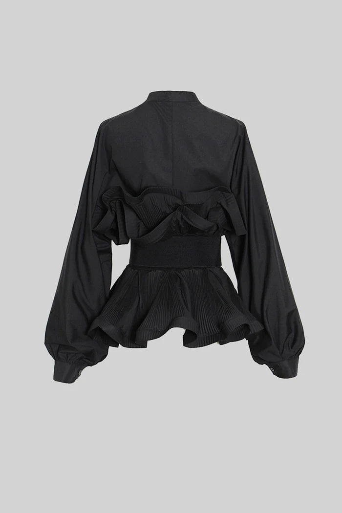 RUFFLE SHIRT WITH MASSIVE BELT - BLACK