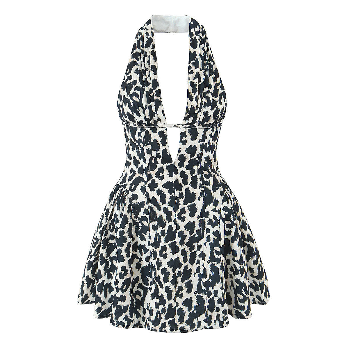 V-Neck Backless Halter Neck Cinched Waist Dress -Dots