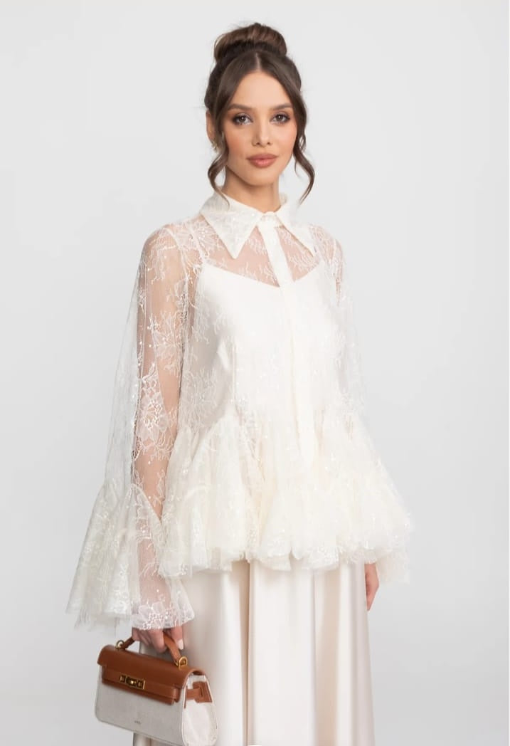 Sheer Lace Peplum Blouse With Ruffle Hem And Satin Maxi Skirt - Ivoire