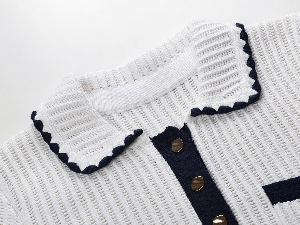 Hand-hooked ruffle lapel, single-breasted knitted skirt