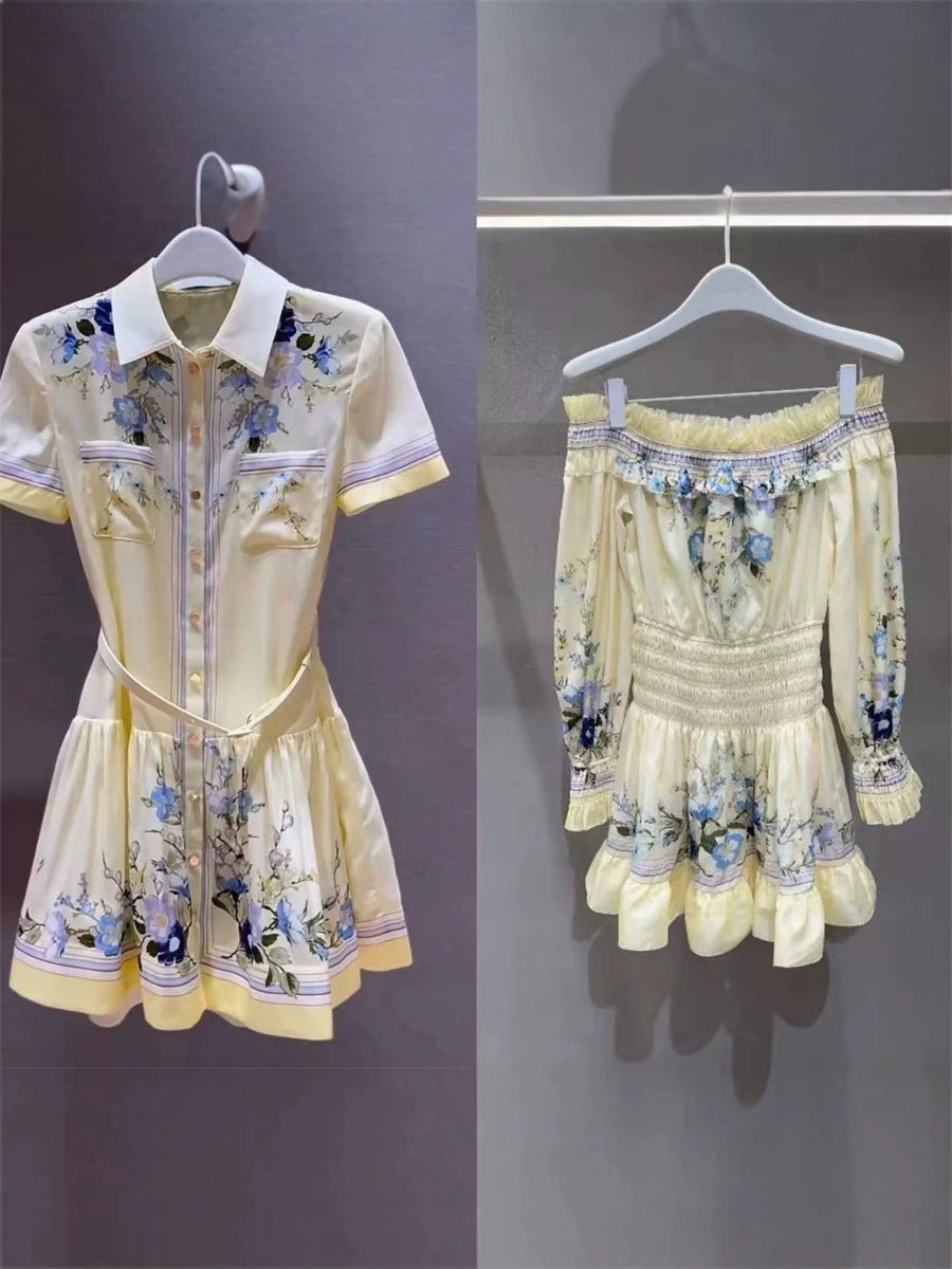 Retro Lapel Floral Belted Waist Shirt Dress