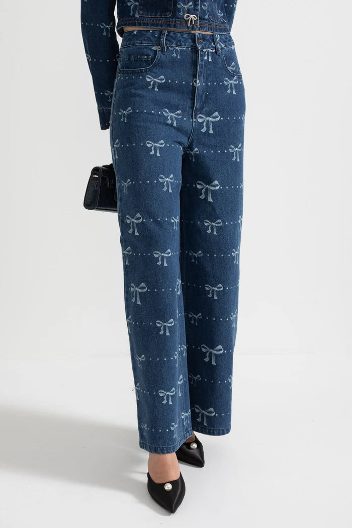 Denim-Koordinat-Ensemble mit langärmer Jacke und Weitbein-Jeans-Blau