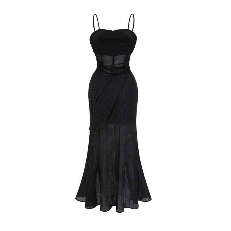 Guinevere black sheer asymmetric midi dress