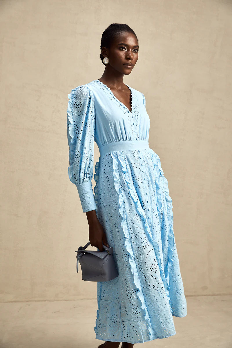 Raphaëlle blue open-work ruffled midi dress