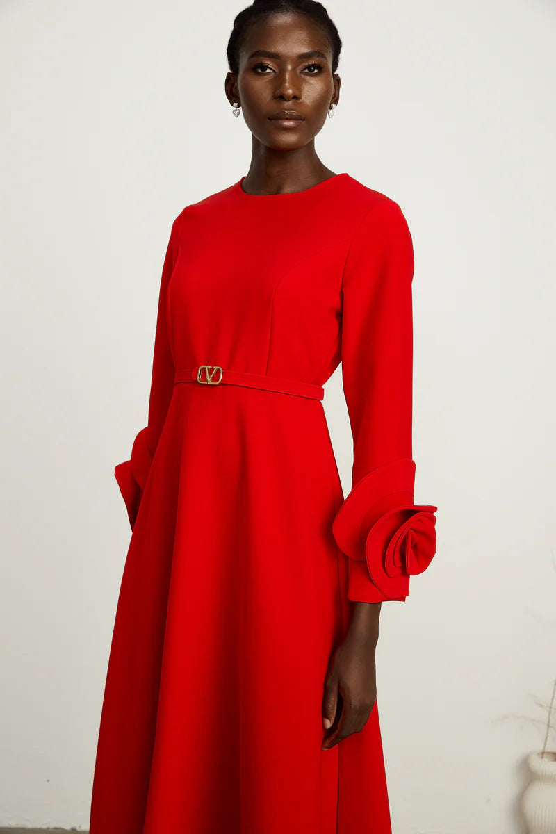 Coralie red long-sleeve floral-appliqué midi dress