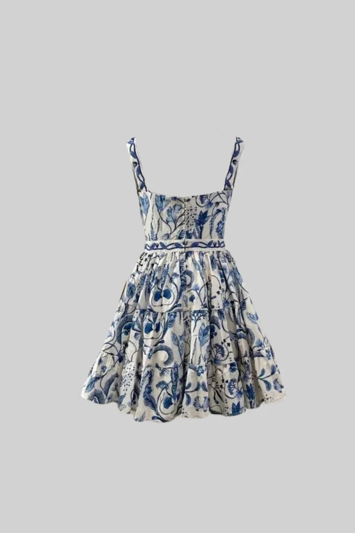 Minimiertes Mini -Kleid mit blauem Blumen- und Paisley -Muster - Weiß