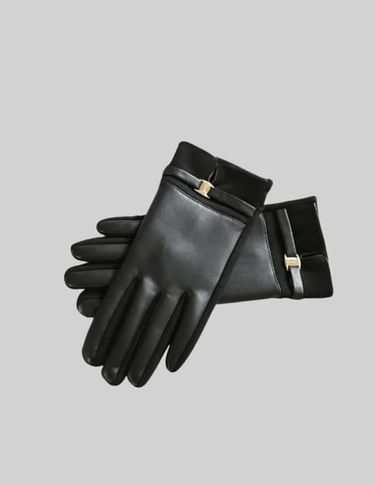 Vegan Leather And Suede Gloves With Gold Buckle Detail - Black