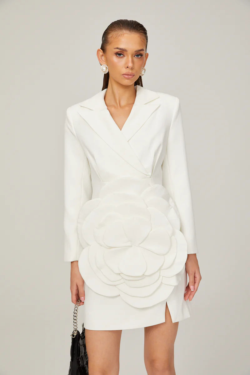 Axelle white flower-appliqué blazer dress