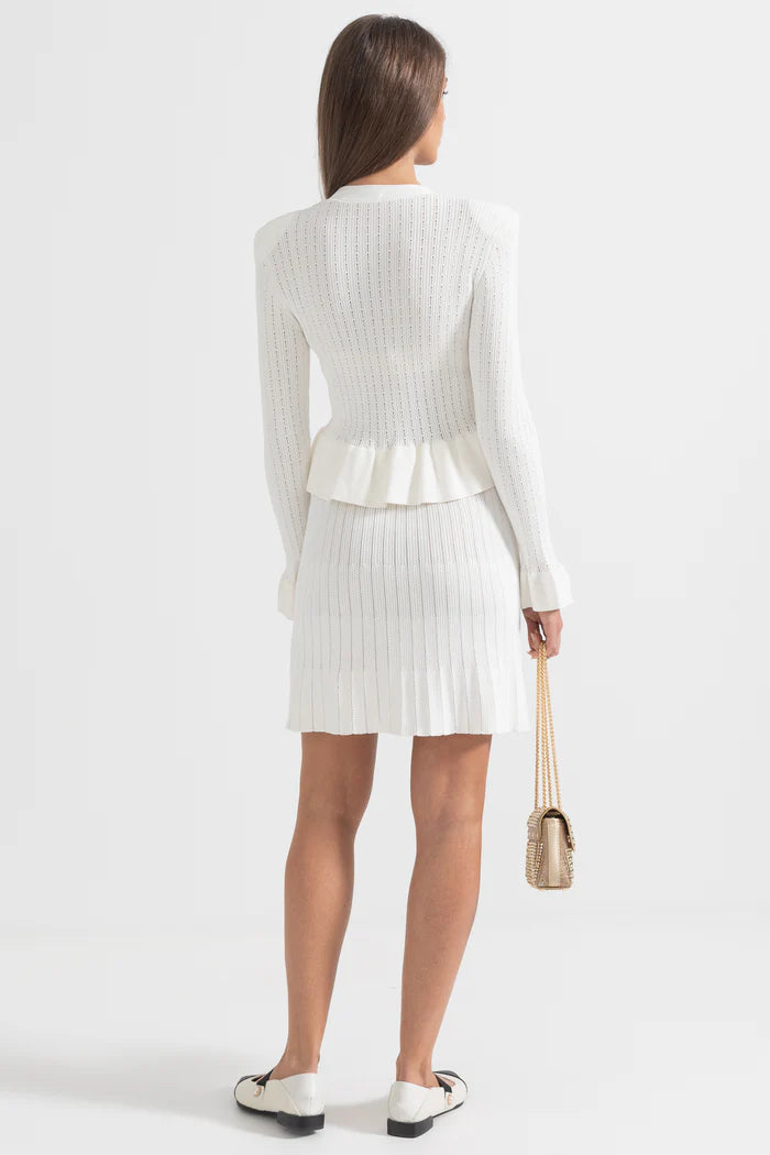 Long Sleeve Knitted Dress With Gold Buttons And Peplum Waist - White