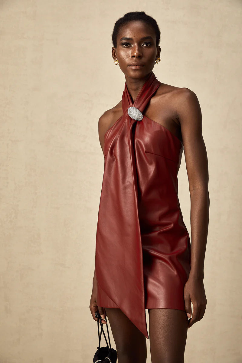 Maxanne Red Halterneck Mini-robe en peau de mouton