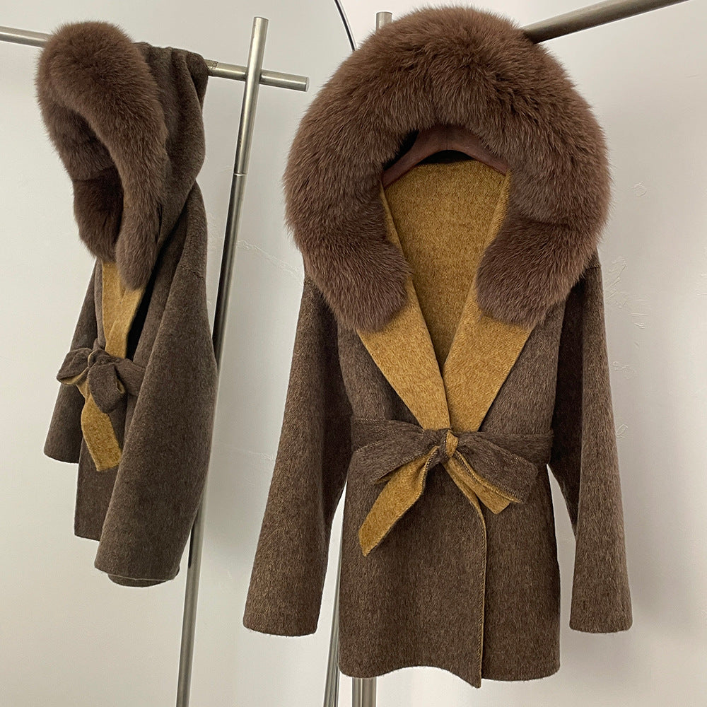 Two-color fur woolen coat