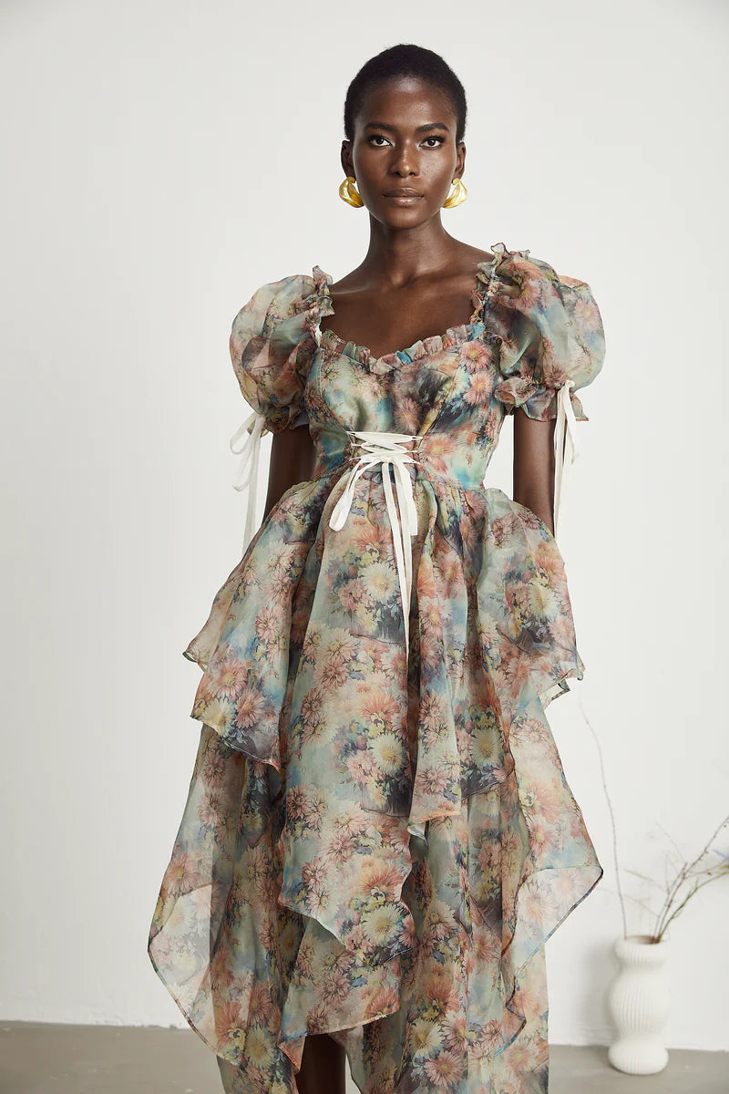 Victoire floral-print lace-up midi dress
