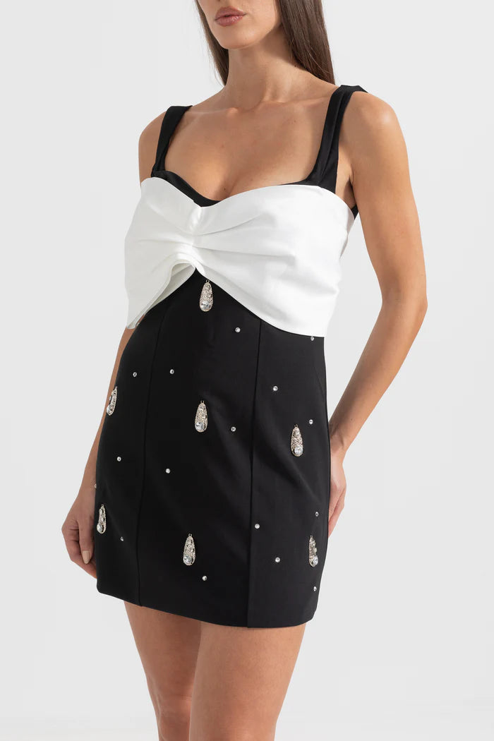 Embellished Mini Dress With White Neckline Bow - Black