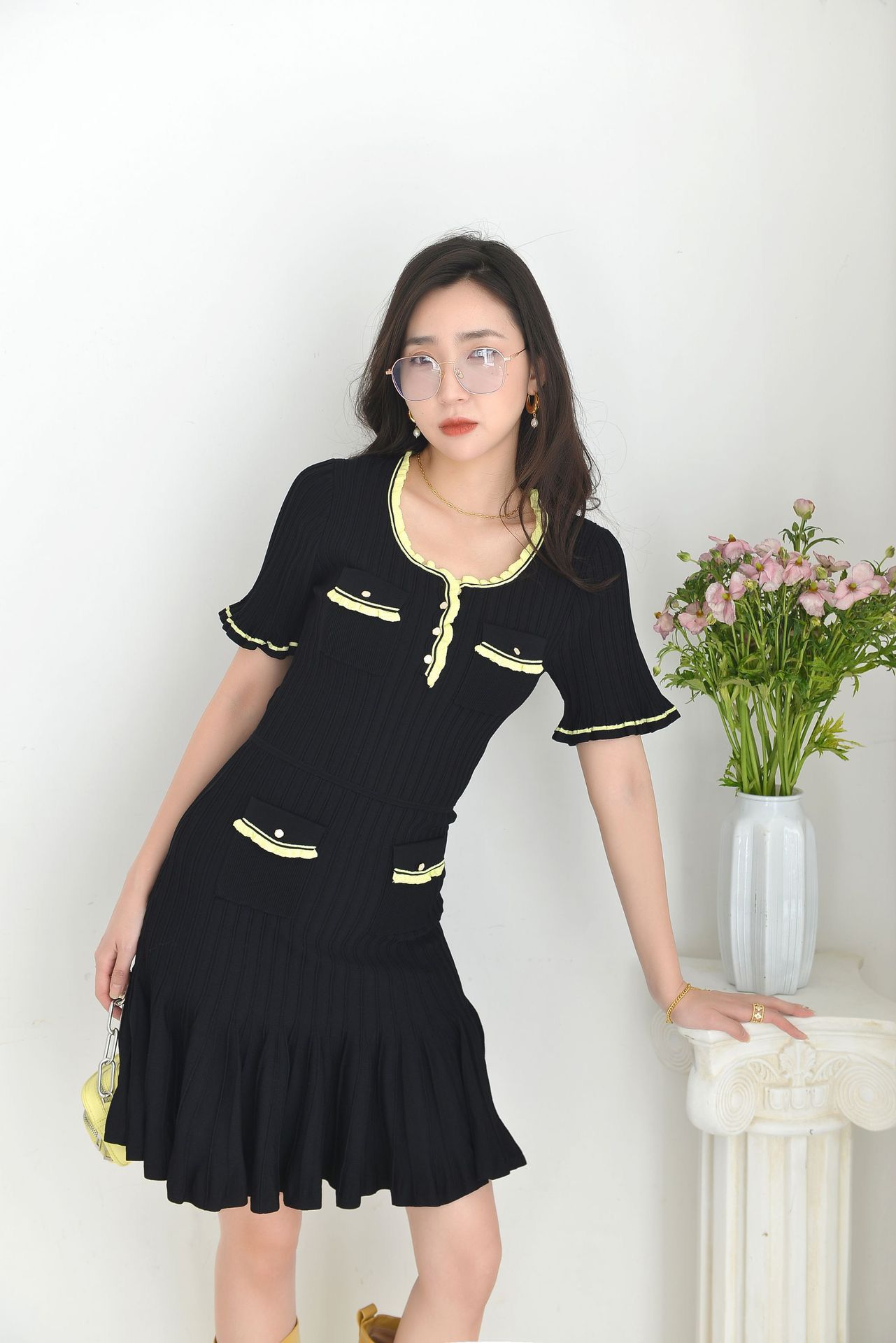 Commuter Pleated Cinched Waist Slim Dress Cruise 2023 New Bootcut Short Sleeve Skirt