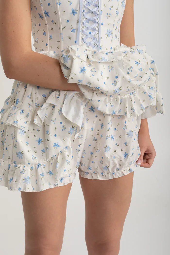 Corset Mini Dress With Ribbon Lacing Detail And Multi-Layered Ruffled Skirt - White/Blue