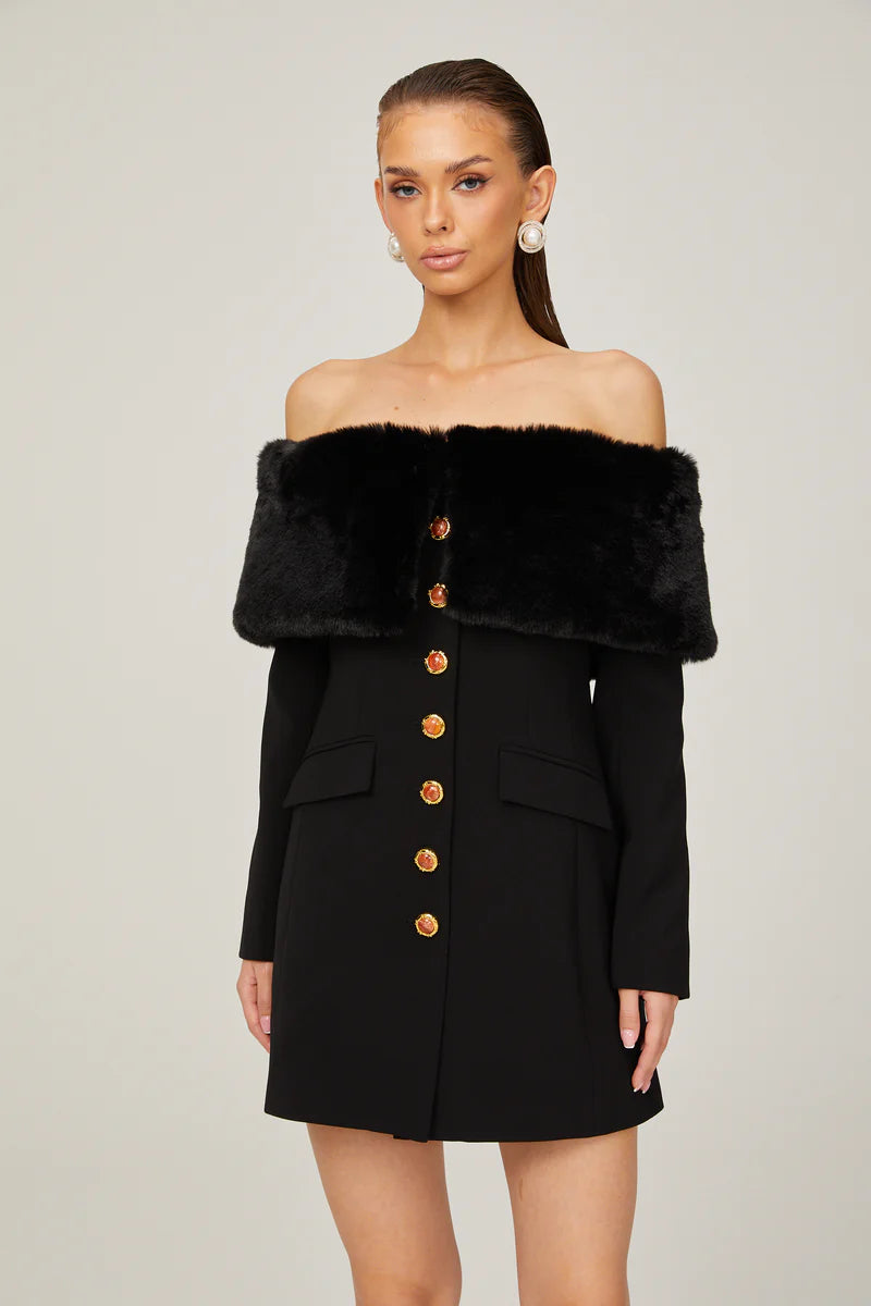 Céline Black Faux-Fur Mini robe à épaules dérangées