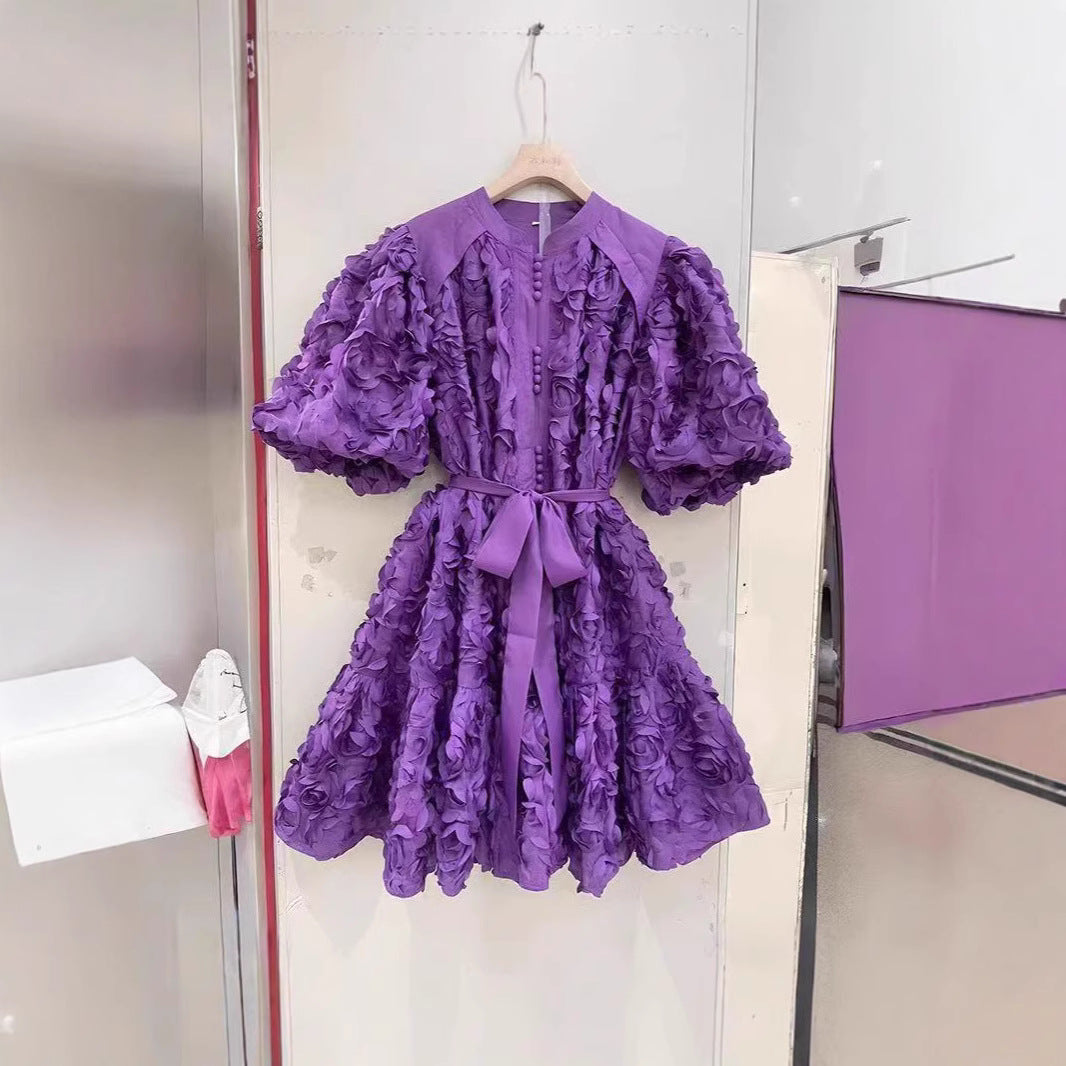 Round neck balloon sleeve short dress