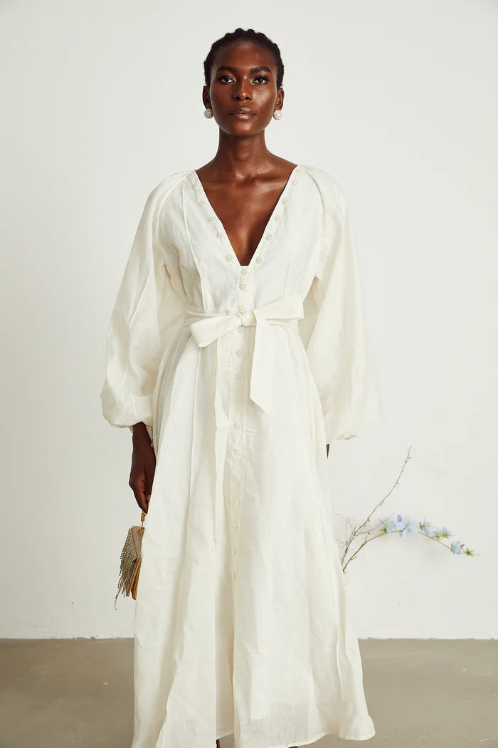 Léonor V-neck flared midi dress