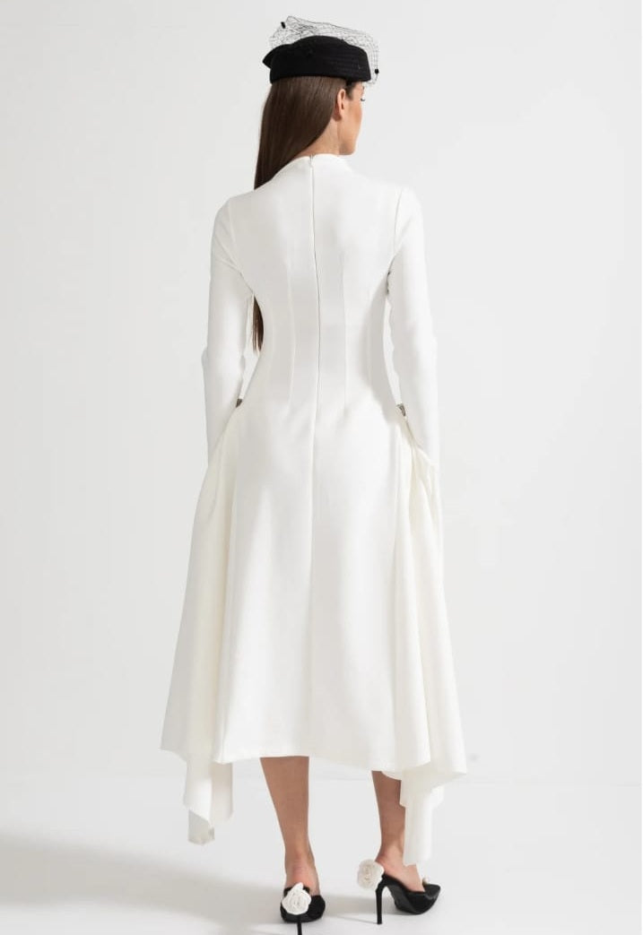 Long-Sleeved Dress With Asymmetrical Hem And Structured Silhouette - White