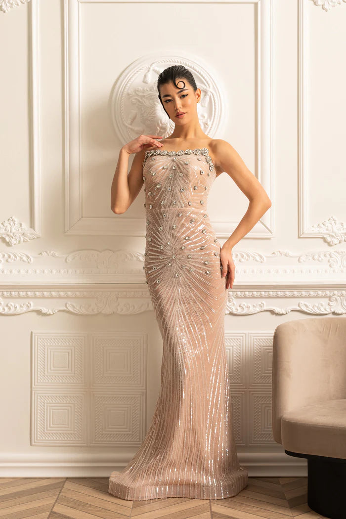 Sophisticated Evening Gown With Shimmering Sequin Embellishments - Beige