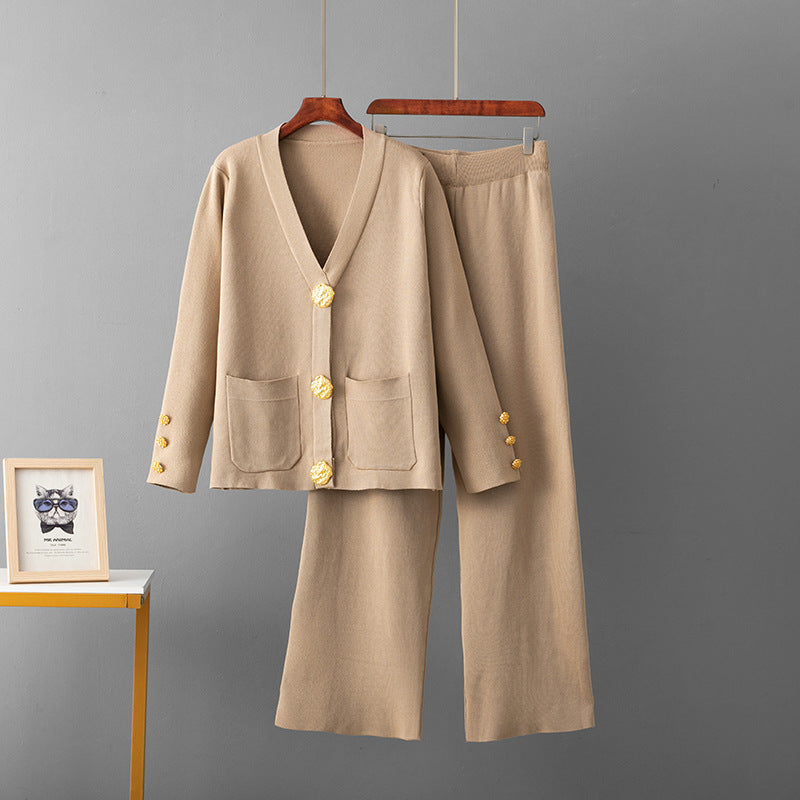 Metal buckle knitted cardigan sweater wide-leg pants set