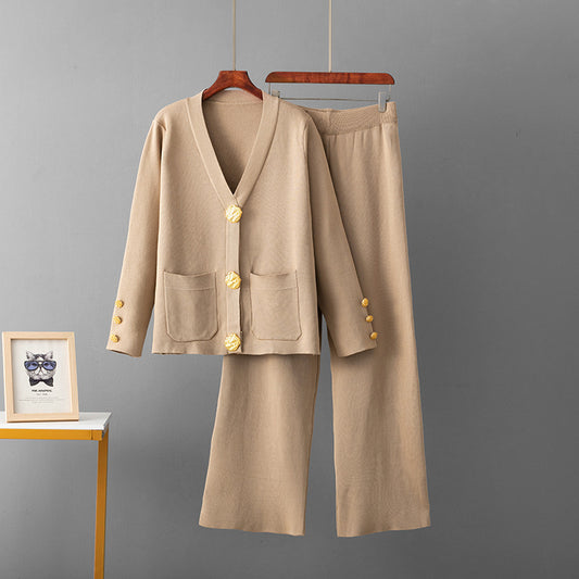 Metal buckle knitted cardigan sweater wide-leg pants set