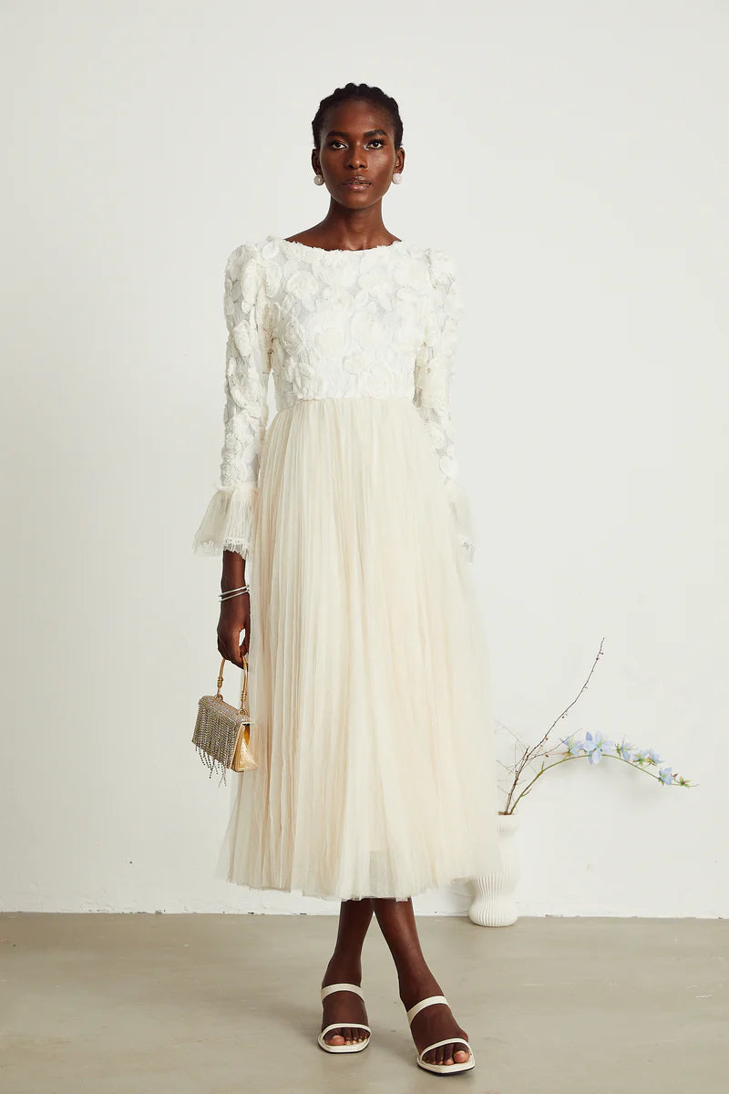 Thibaulte pleated lace-floral midi dress