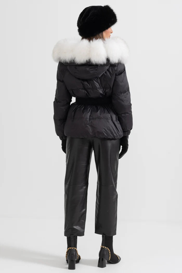 Puffer Jacket With Waistbelt And White Fox Fur-Lined Hood - Black