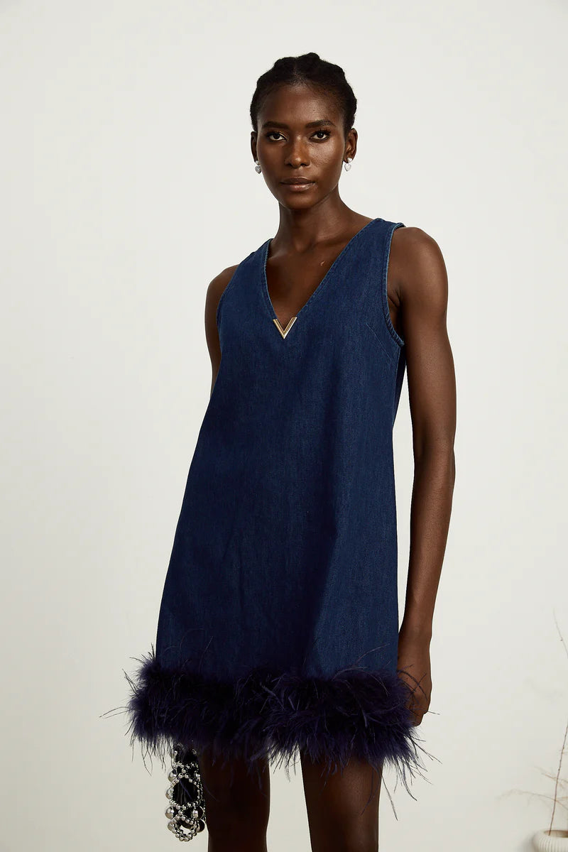 Selene bleu sans manches en plume-trim mini robe