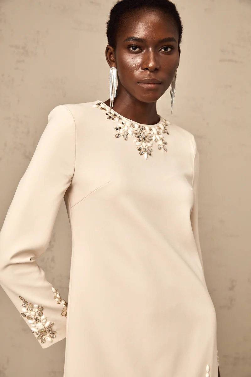 Mélissa crystal-embellished long-sleeved mini dress in Neutrals