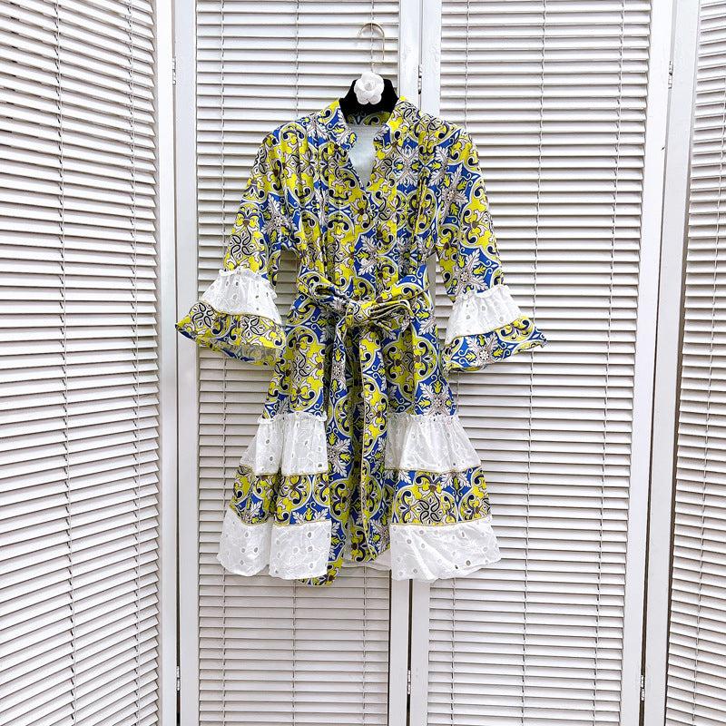 Vneck,bow, tie-in, waist-cinching cut-out dress