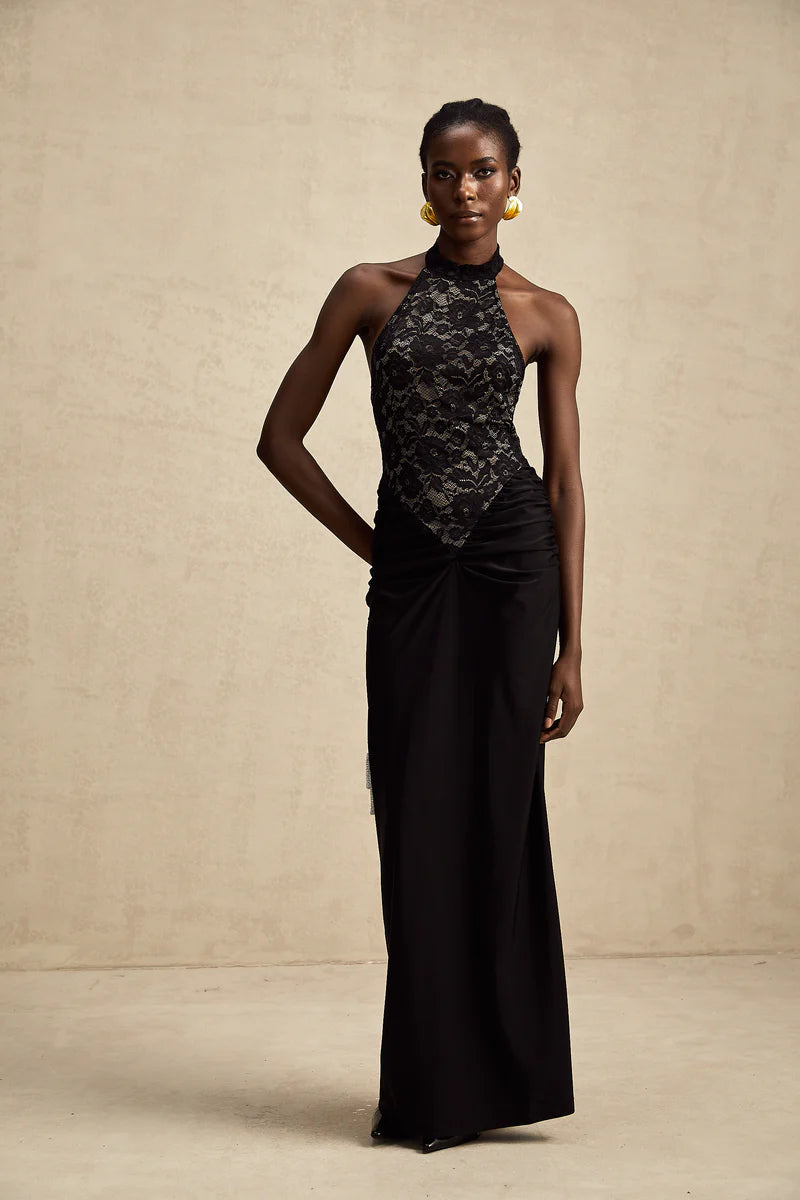 Camille black halterneck floral-lace maxi dress