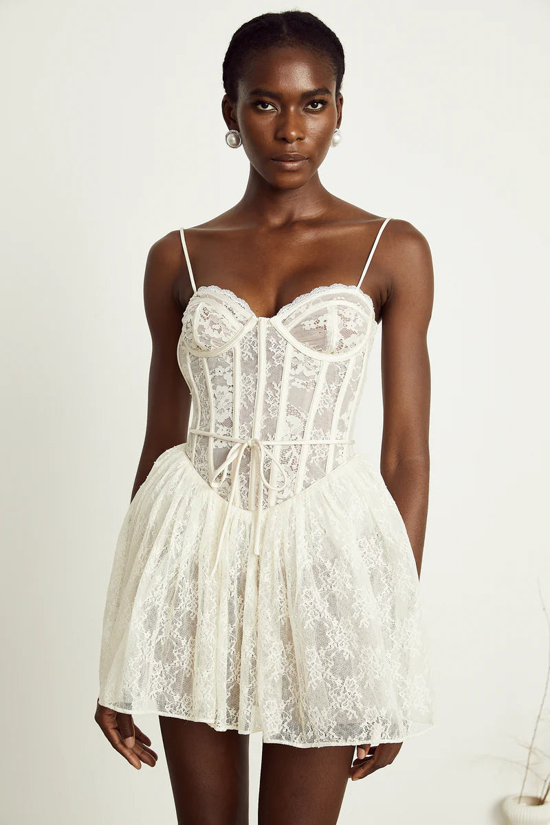 Armelle white floral-lace corset mini dress