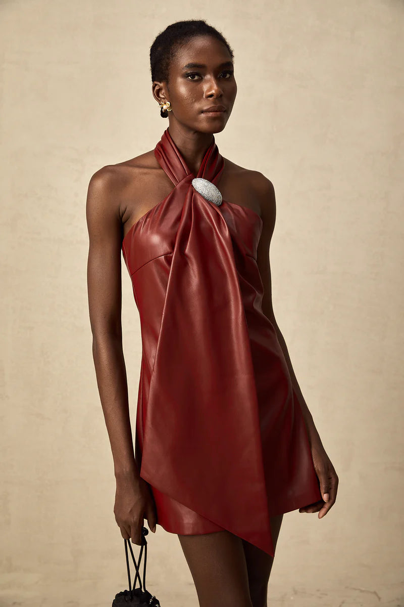 Maxanne Red Halterneck Mini-robe en peau de mouton